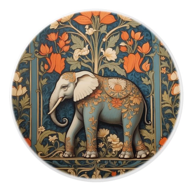 Decorated Elephant William Morris Inspired Floral Ceramic Knob (Front)
