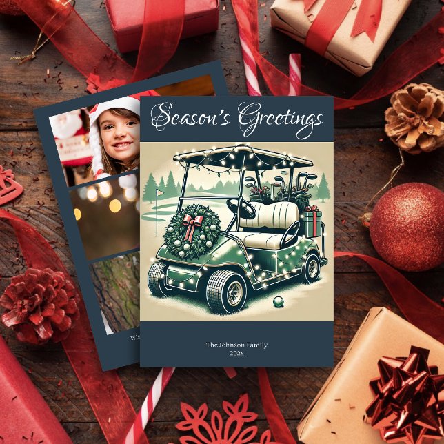 Decorated Golf Cart • Navy Blue Photo Holiday Card (Creator Uploaded)