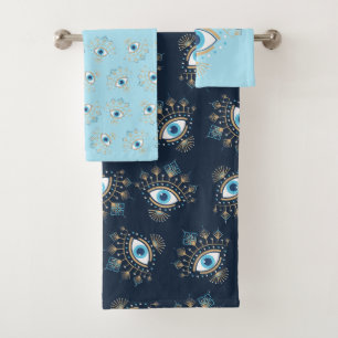 Decorated Greek Evil Eye Turkish Protection Symbol Bath Towel Set