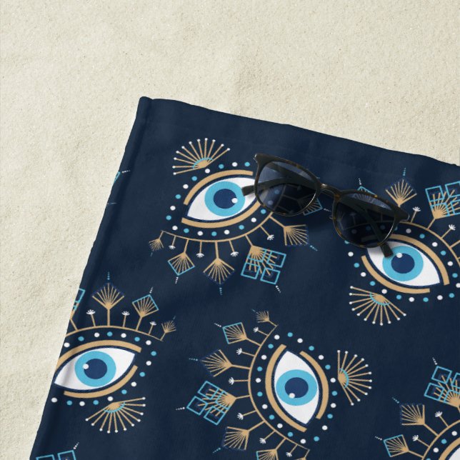 Decorated Greek Evil Eye Turkish Protection Symbol Beach Towel (In Situ)