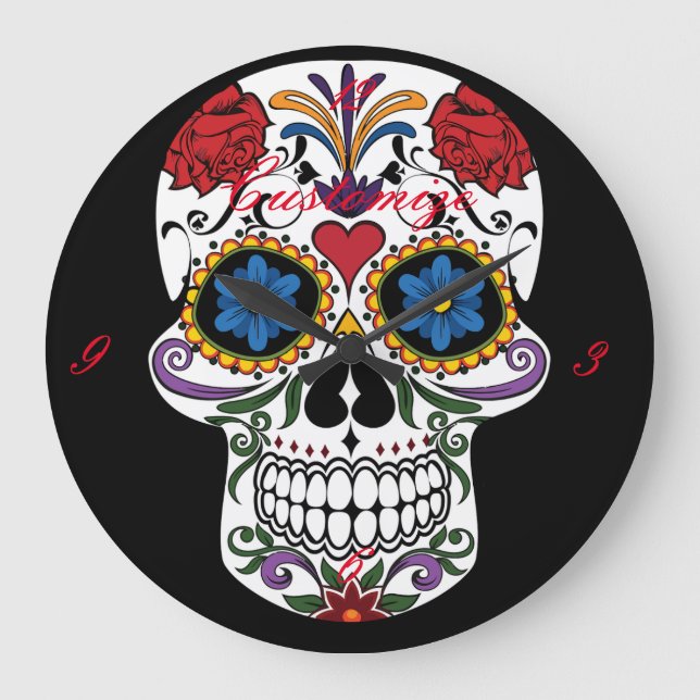 Decorated Human Skull Art Thunder_Cove Large Clock (Front)