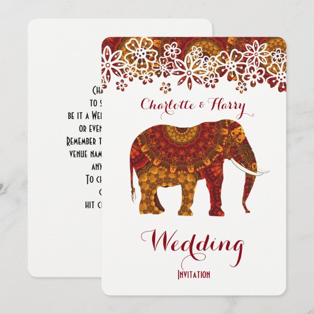 Decorated Indian Ornate Elephant Design Invitation (Front/Back)