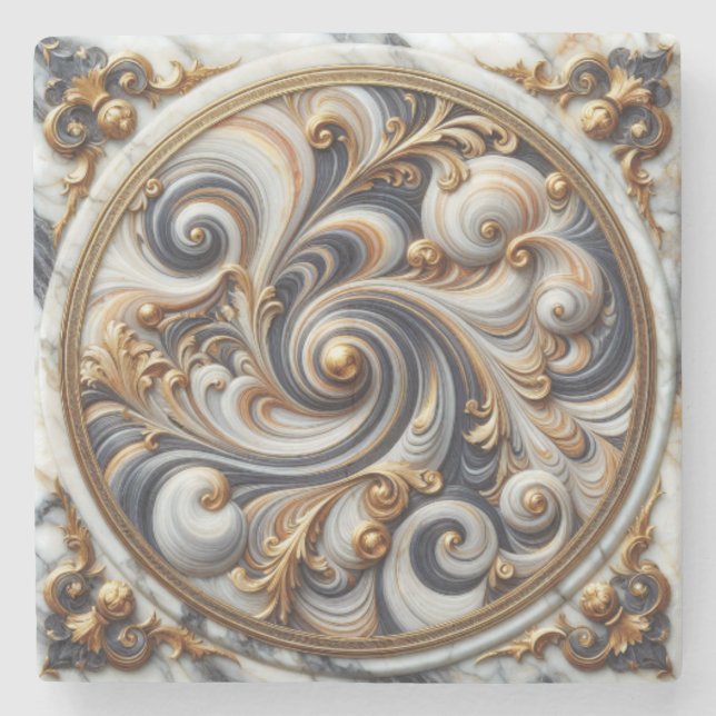 Decorated Marble Design And Gold trim Stone Coaster (Front)