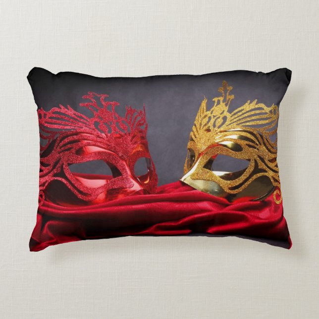Decorated masquerade mask on red velvet accent pillow (Front)