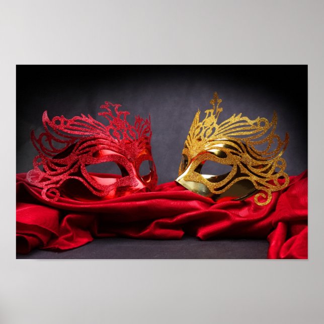 Decorated masquerade mask on red velvet poster (Front)