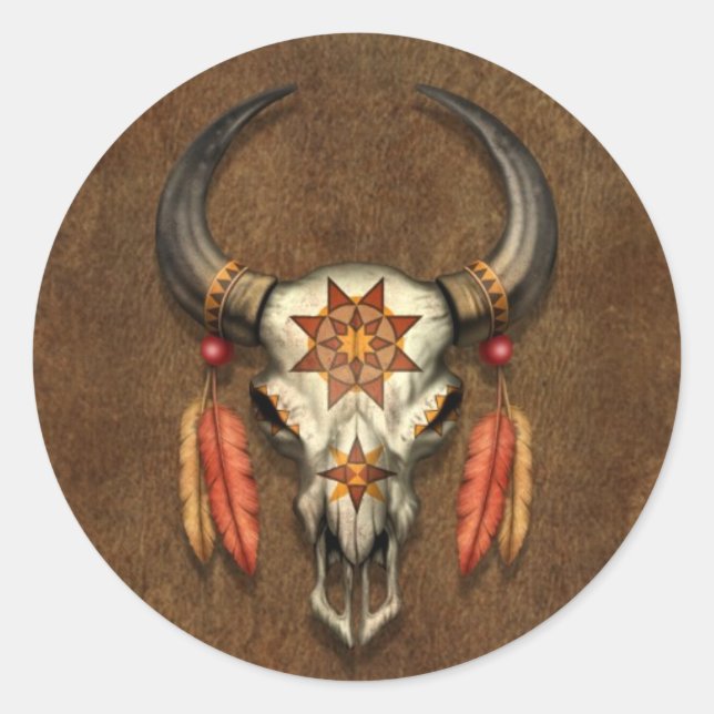 Decorated Native Bull Skull with Feathers Classic Round Sticker (Front)