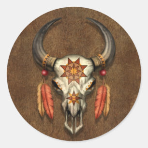 Decorated Native Bull Skull with Feathers Classic Round Sticker