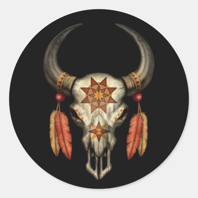 Decorated Native Bull Skull with Feathers on Black Classic Round Sticker (Front)