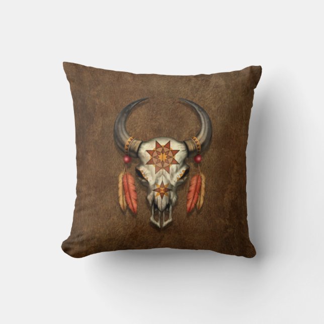 Decorated Native Bull Skull with Feathers Throw Pillow (Front)