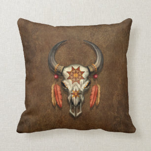Decorated Native Bull Skull with Feathers Throw Pillow