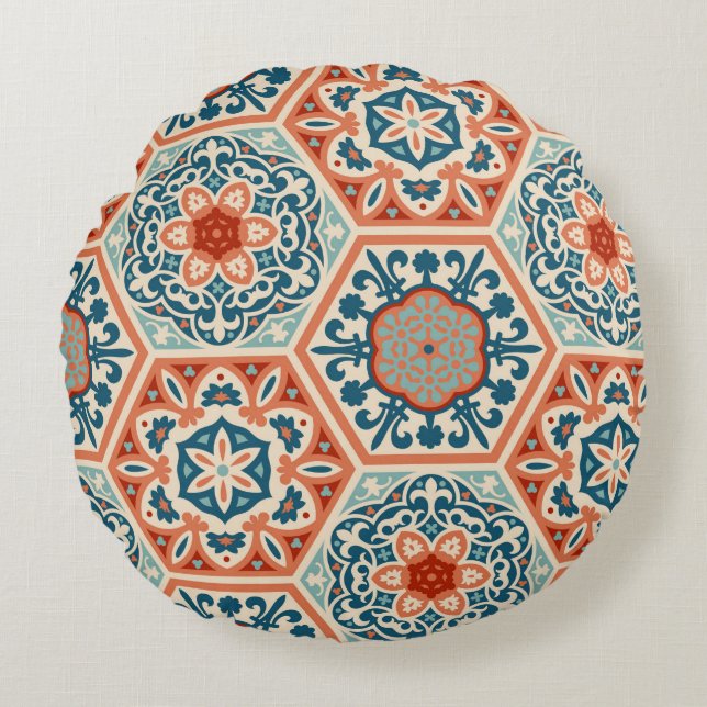 Decorated patterned hexagon cement ceramic tiles,  round pillow (Front)
