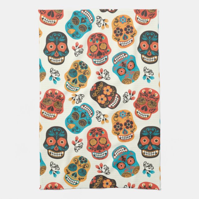 Decorated Skulls Background Kitchen Towel (Vertical)