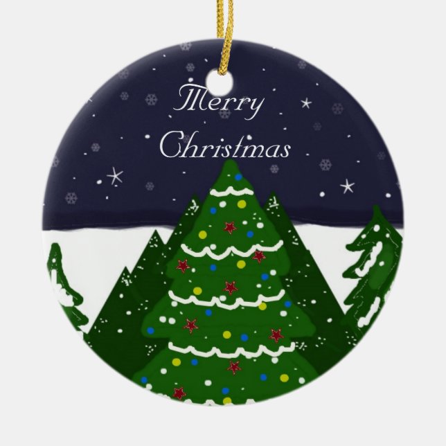 Decorated Tree Shining on a Winter Night Ceramic Ornament (Front)