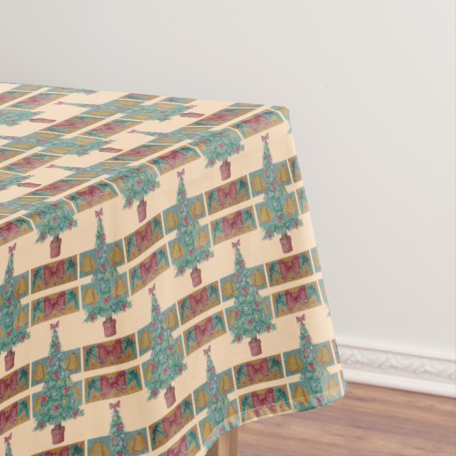 decorated tree with bells red bows for christmas tablecloth (In Situ)