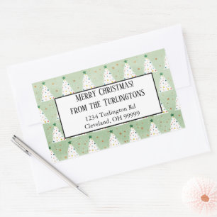 Decorated White Xmas Trees Green Star Address Sticker