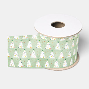 Decorated White Xmas Trees Green Star & Ornaments Grosgrain Ribbon