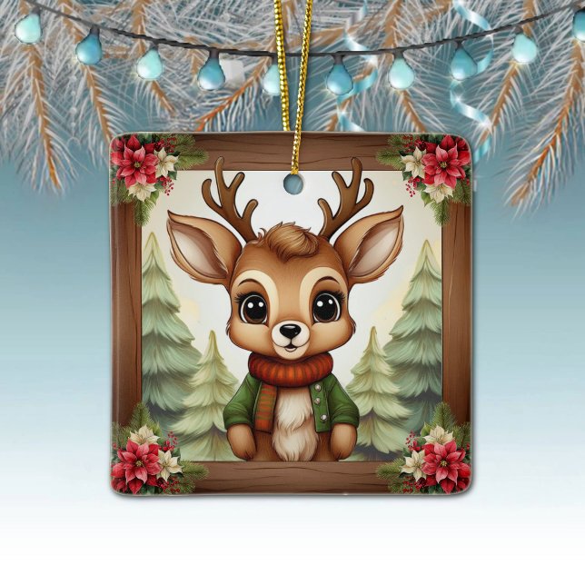 Décoration de Noël fantaisiste de rennes de Noël (Whimsical Xmas Reindeer Holiday Decoration Adorable Deer Antlers rustic square ceramic ornament 🦌🎄)