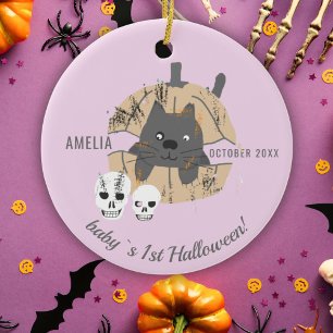 Décoration En Céramique 1er Halloween de bébé Chat Rose Citrouille Crâne 