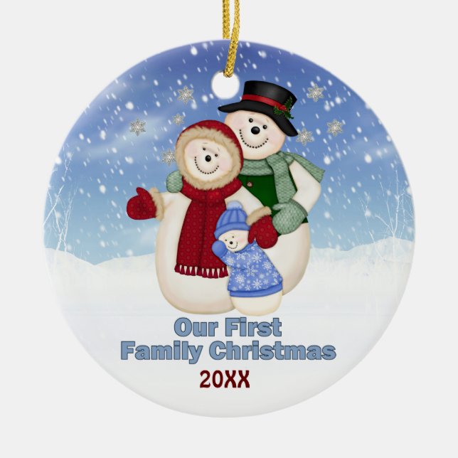 Décoration En Céramique 1er Noël Blue Frosty Snowman Famille (Devant)