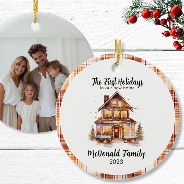 Décoration En Céramique 1ère Fêtes Nouvelle Maison Orange Brown En vichy B (1st_holidays_new_home_orange_brown_70s_retro_vibe_ceramic_ornament)