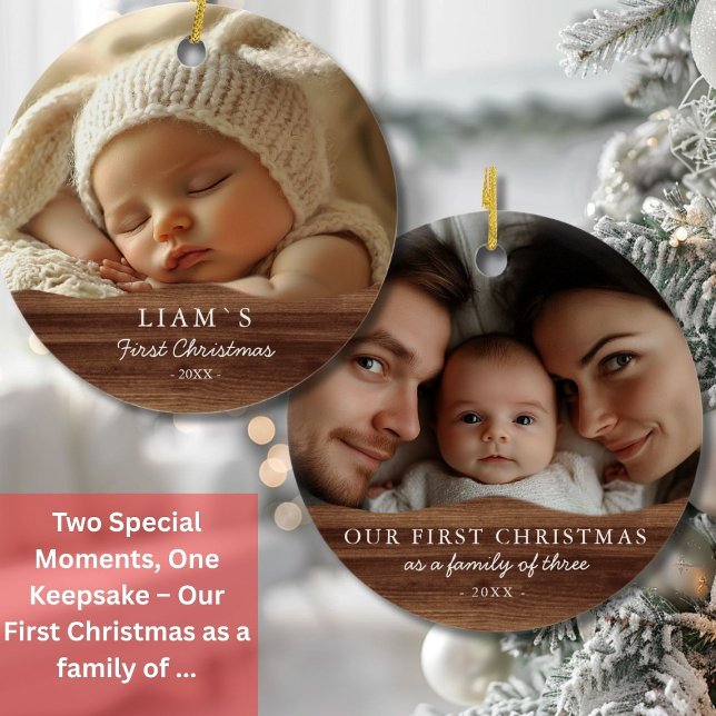 Décoration En Céramique 2 Photo Le premier Noël du bébé - Bois rustique (2 Photo´s Baby's First Christmas - Rustic Wood Ceramic Ornament)