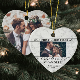 Décoration En Céramique 2 Photo Mr & Mrs 1st Christmas Faux Marble Heart