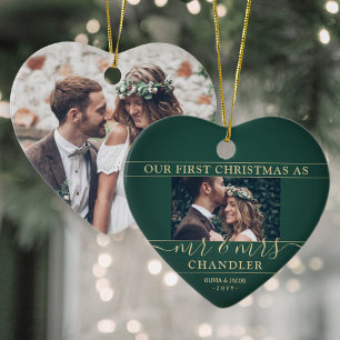 Décoration En Céramique 2 Photo Mr & Mrs 1st Christmas Green & Gold Heart