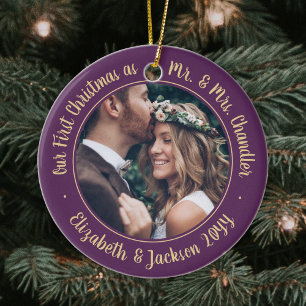 Décoration En Céramique 2 Photo Mr & Mrs 1st Christmas Script Plum Purple