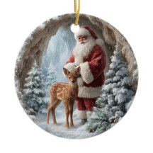 3D Santa and Deer Ceramic Christmas Ornament
