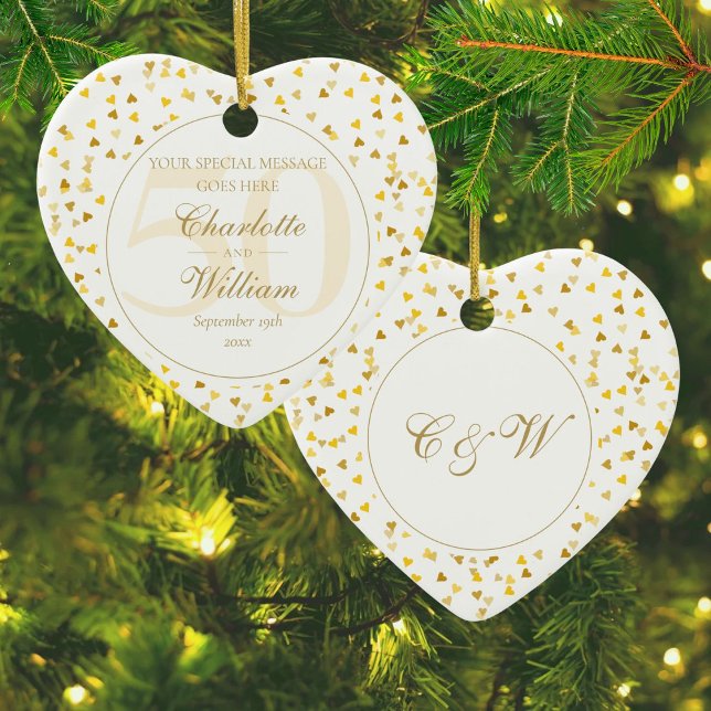 Décoration En Céramique 50e anniversaire de Mariage Gold Hearts Monogramme (50th Wedding Anniversary Gold Hearts Monogram Ceramic Ornament)