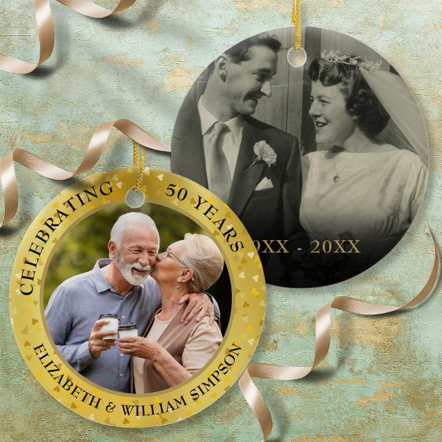 Décoration En Céramique 50e anniversaire du Mariage Coeurs d'or 2 Photo (50th Wedding Anniversary Gold Hearts 2 Photo Ceramic Ornament)