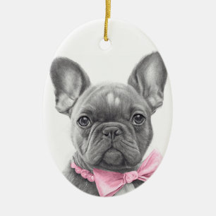 Décoration En Céramique Adorable chiot français bulldog avec un arc rose
