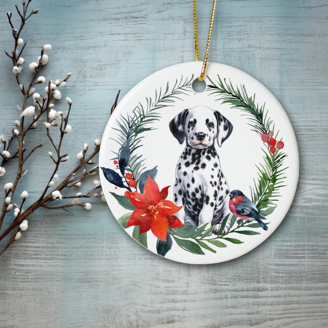 Décoration En Céramique Adorable Dalmatie Chiot Aquarelle Poinsettia (Créateur téléchargé)