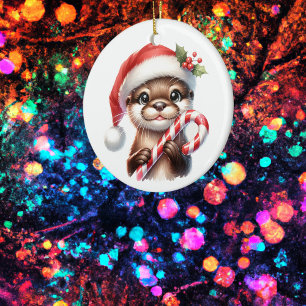 Décoration En Céramique Adorable Otter de Noël à Santa Hat avec bonbon