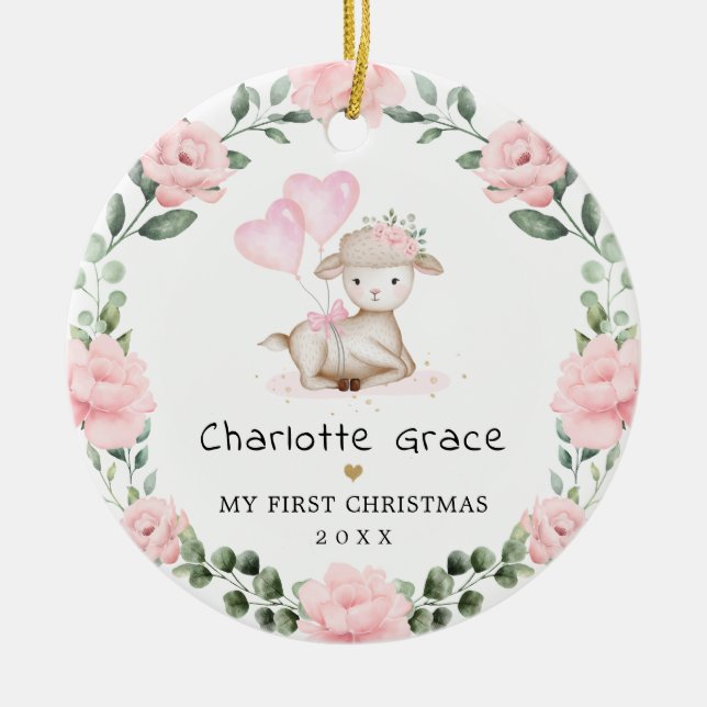 Décoration En Céramique Agneau mignon rose Floral Wreath Baby Premier Noël (Devant)