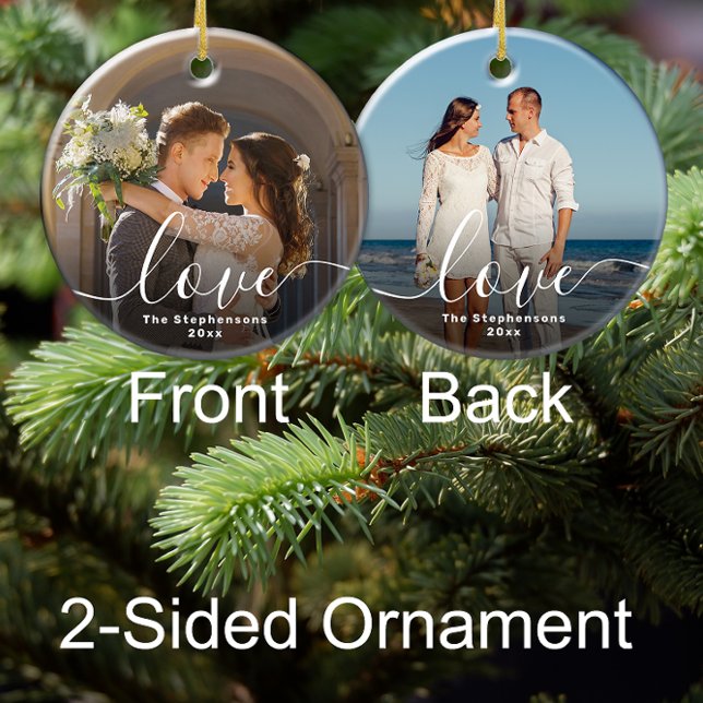 Décoration En Céramique Aimer Elegant Script superposition Double face (2 sided photo ornament wedding engaged newlywed love personalized christmas ornament)