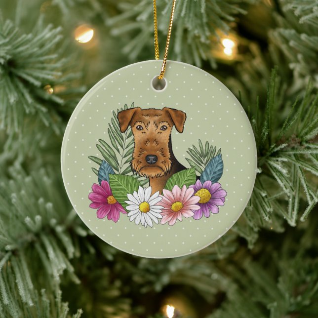 Décoration En Céramique Airedale Terrier Chien Et Fleurs Colorées Vert (Arbre)