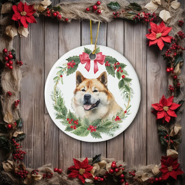 Décoration En Céramique Akita Chien Red Bow Holly Wreath (Créateur téléchargé)