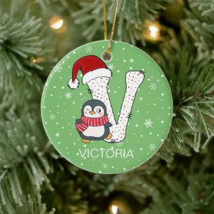 Décoration En Céramique Alphabet de Noël V Pingouin de chapeau de Noël