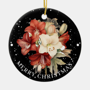 Décoration En Céramique Amaryllis rouge et blanc sur Noir Joyeux Noël
