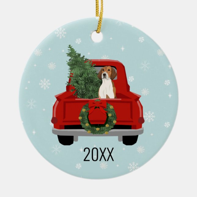 Décoration En Céramique American Foxhound Christmas Red Truck (Devant)