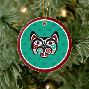 Décoration En Céramique Amérindien Rouge Noir Vert Haïda Art Kitty
