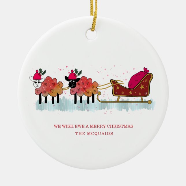 Décoration En Céramique Amusant 2 moutons tirant des santas traîneau (Devant)