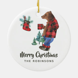 Décoration En Céramique Amusants Buffalo Plaid Bois de Lumière Ours Noël P