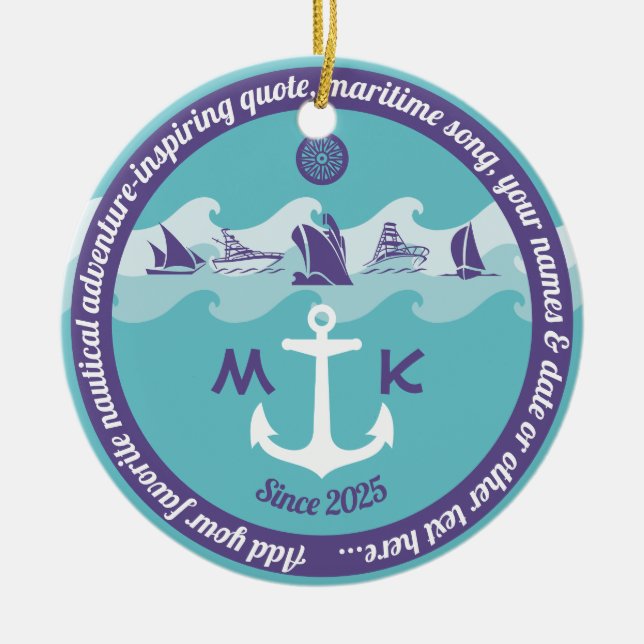 Décoration En Céramique Ancre Vague Nautique Bateau Yacht Monogramme (Devant)