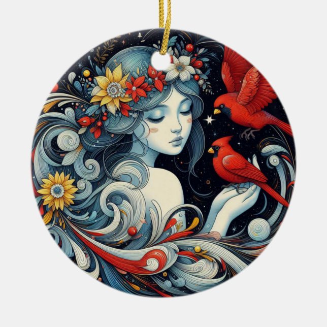 Décoration En Céramique Ange de Noël et cardinaux (Devant)