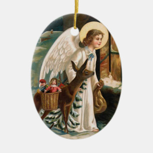 Décoration En Céramique Ange regardant dans la fenêtre avec Noël de cerf