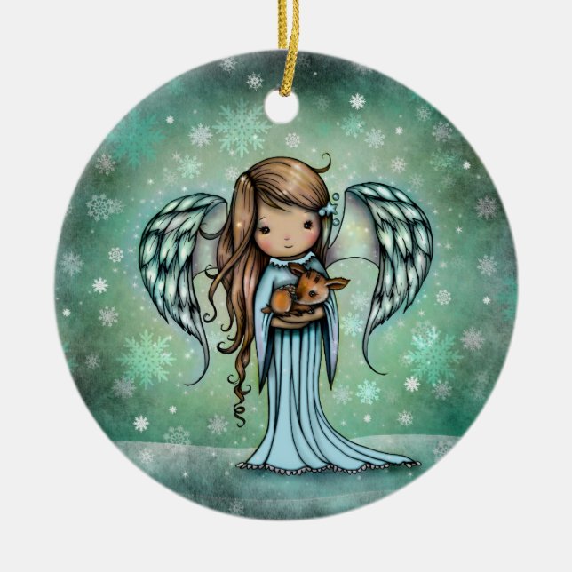 Décoration En Céramique Angel tenant Fawn Illustrated Art (Devant)