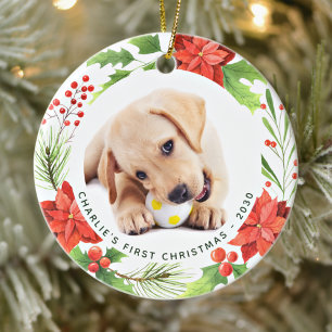 Décoration En Céramique Animal Custom 2 Chien Photo Poinsettia Wreath Noël