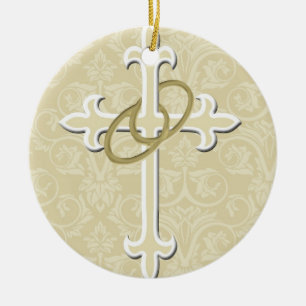 Décoration En Céramique Anneaux d'or avec croix, Élégant amour chrétien